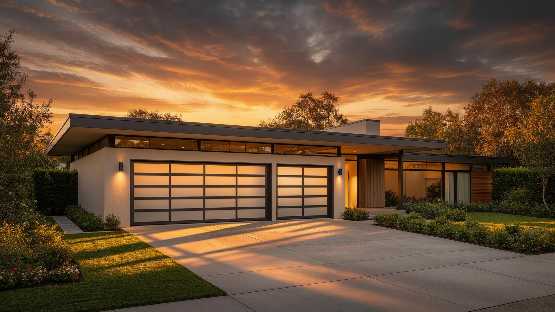 Modern steel garage door with frosted glass panels on luxury home at sunset